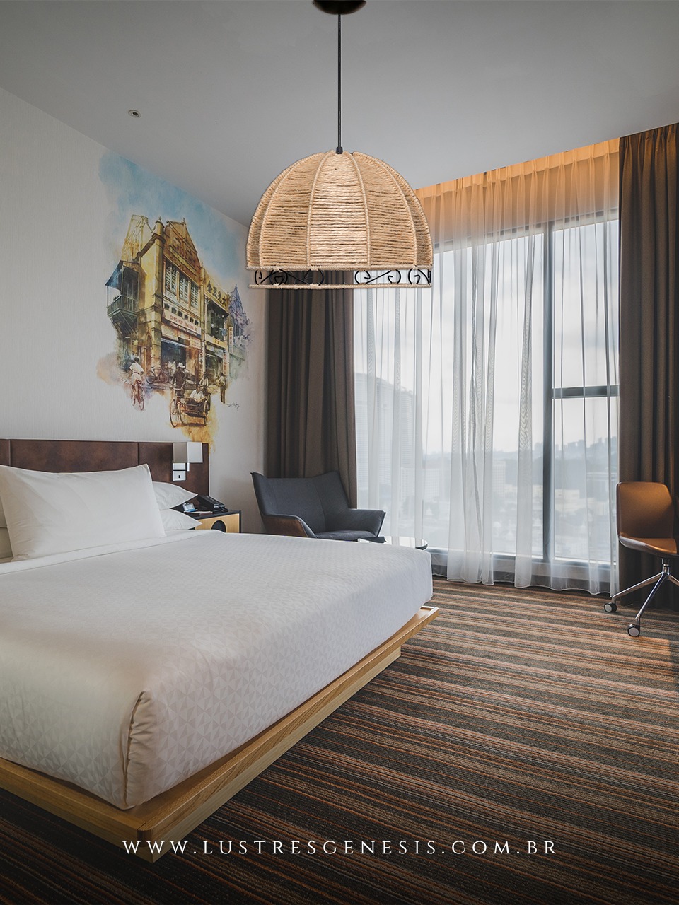 Lumin&aacute;ria Pendente Palha Coroa Grande Bege Natural Modelo R&uacute;stico 36cm para Sala de Jantar Sala de Estar Quarto Living